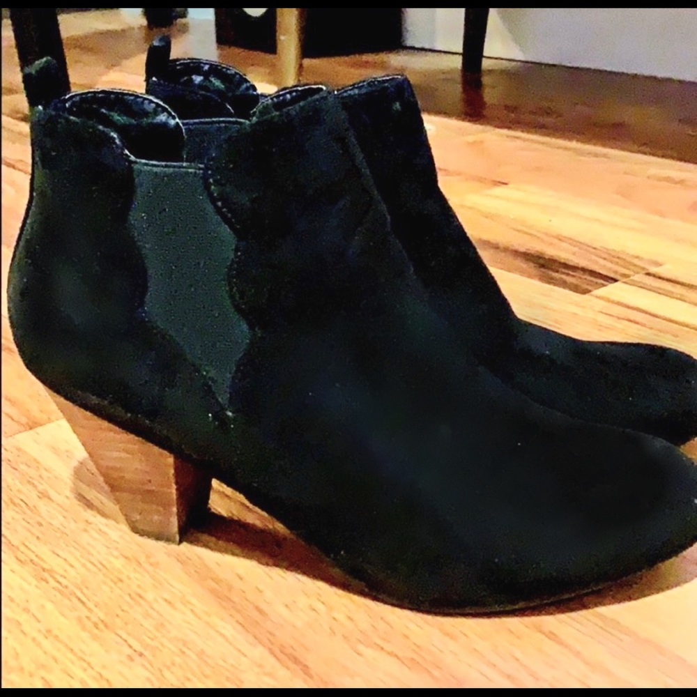 Black Suede Booties with Wooden Block Heel